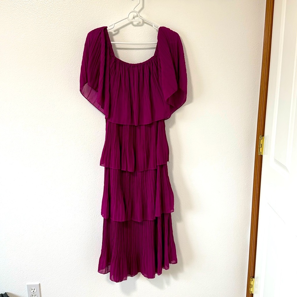 Purple off shoulder tiered dress